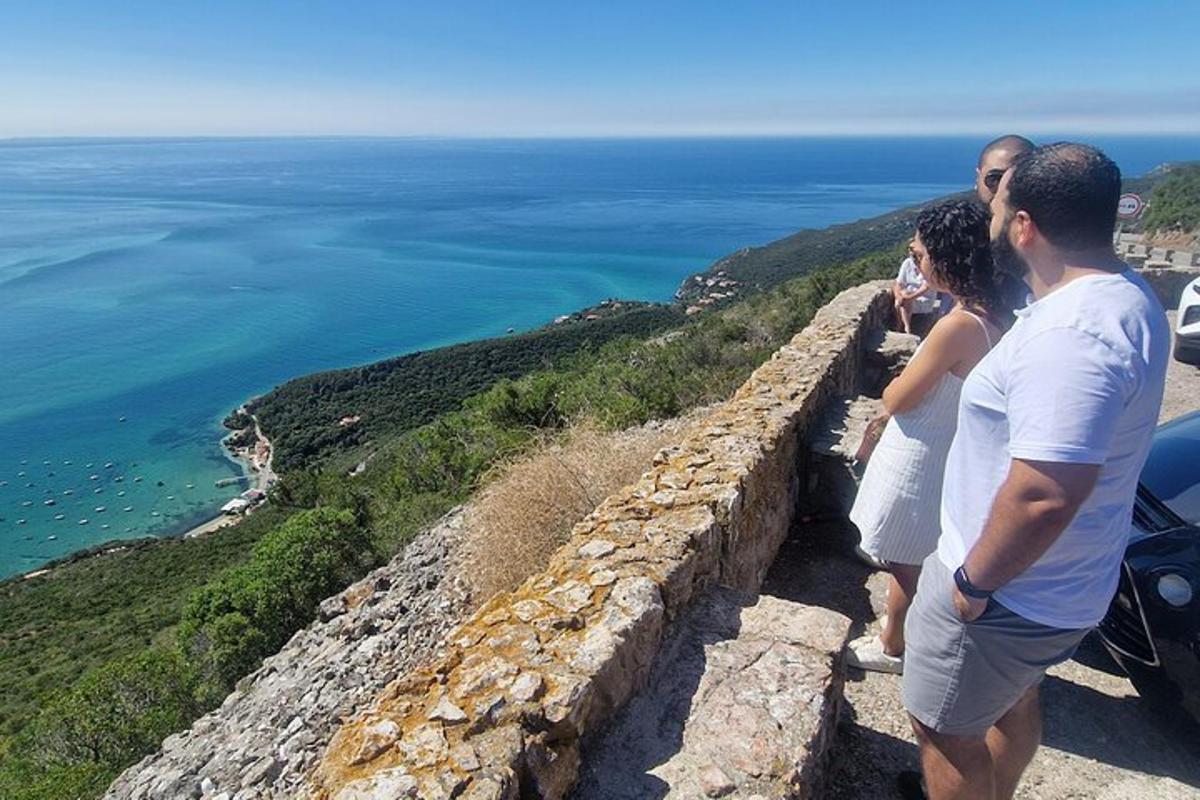 un grup de persones dretes en una paret mirant l'oceà