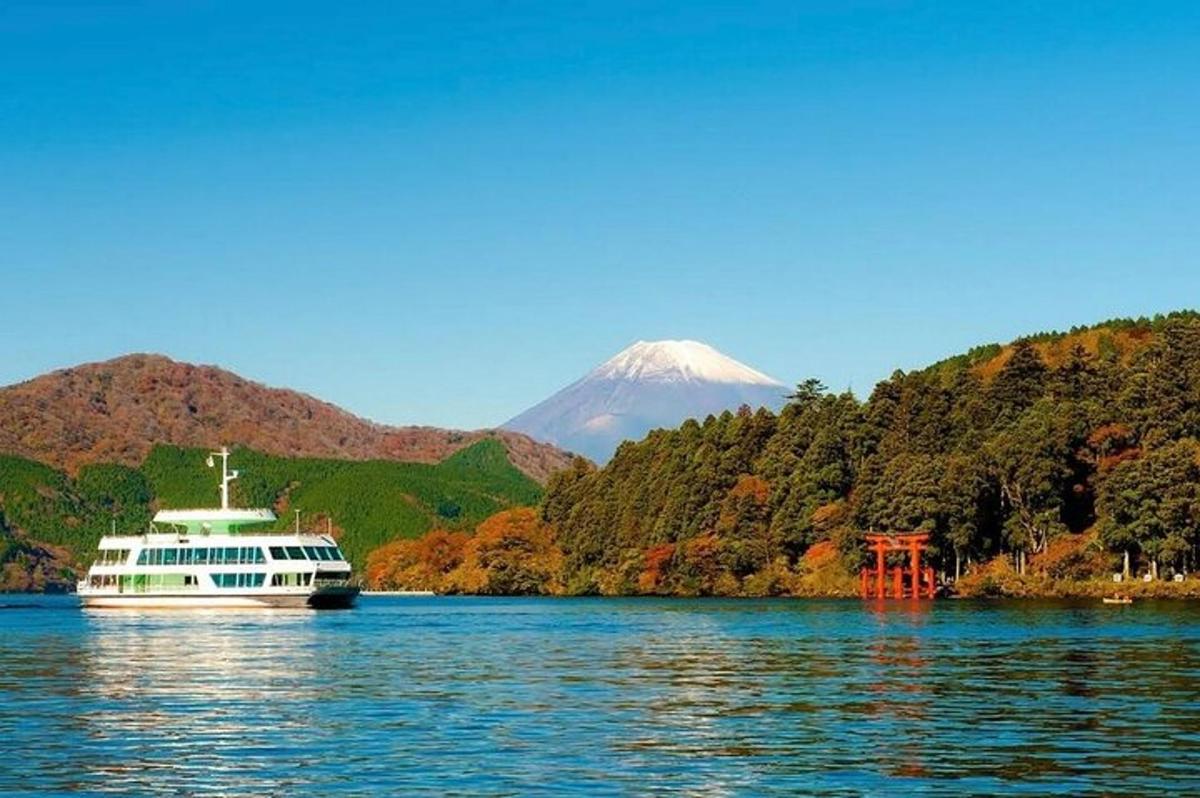 una nave da crociera sull'acqua con una montagna sullo sfondo