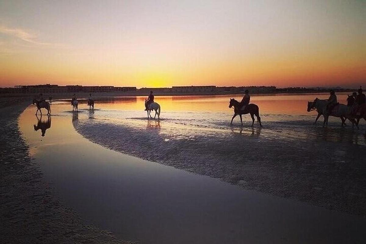 Un grupo de personas montando a caballo en la playa al atardecer.