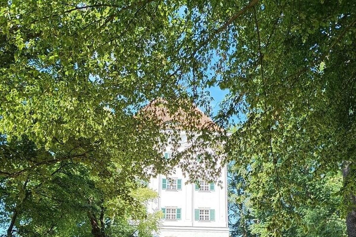 Un edificio alto y blanco en medio de los árboles.