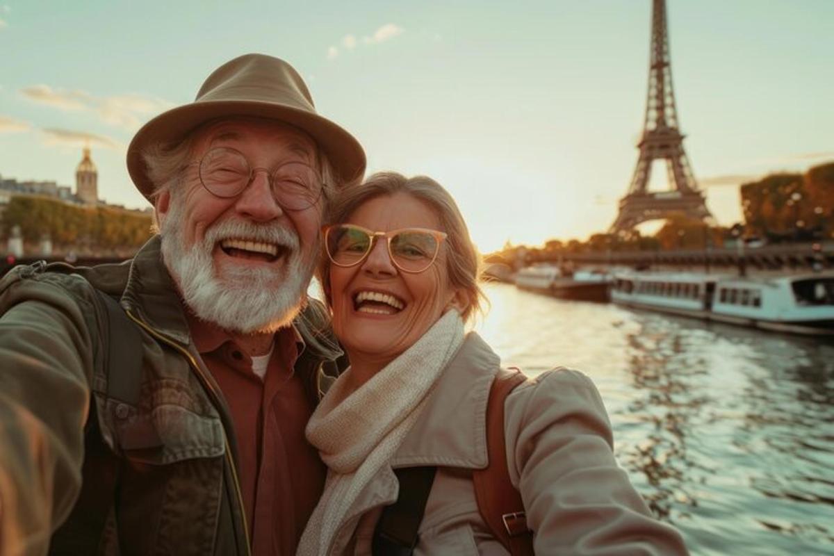 Egy férfi és egy nő áll az Eiffel-torony előtt