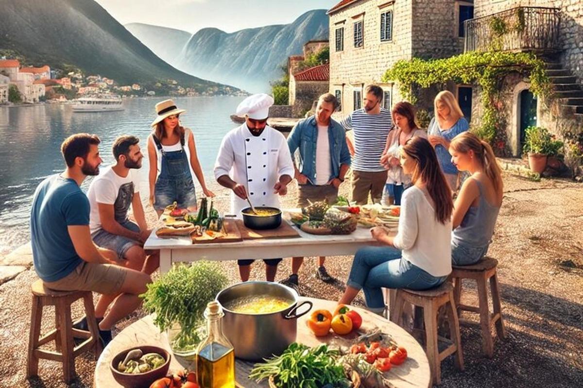 a group of people sitting around a table with food