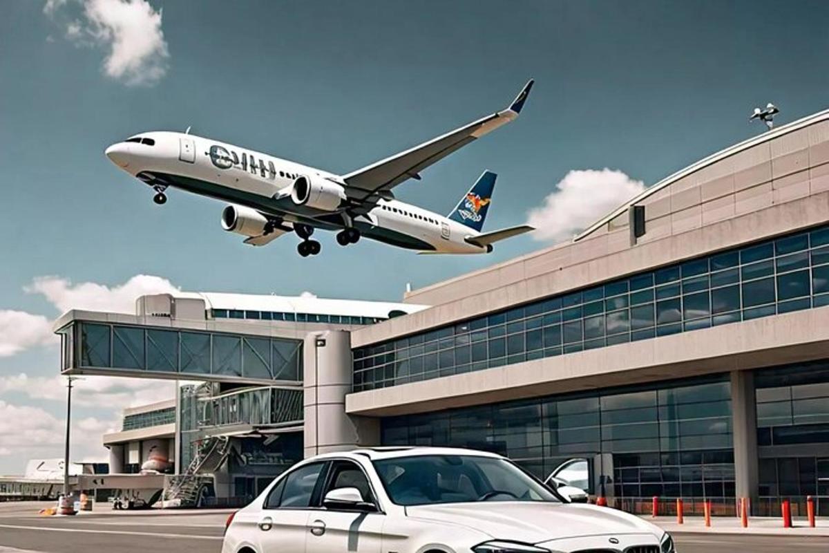 một chiếc máy bay đang bay qua một tòa nhà với một chiếc ô tô