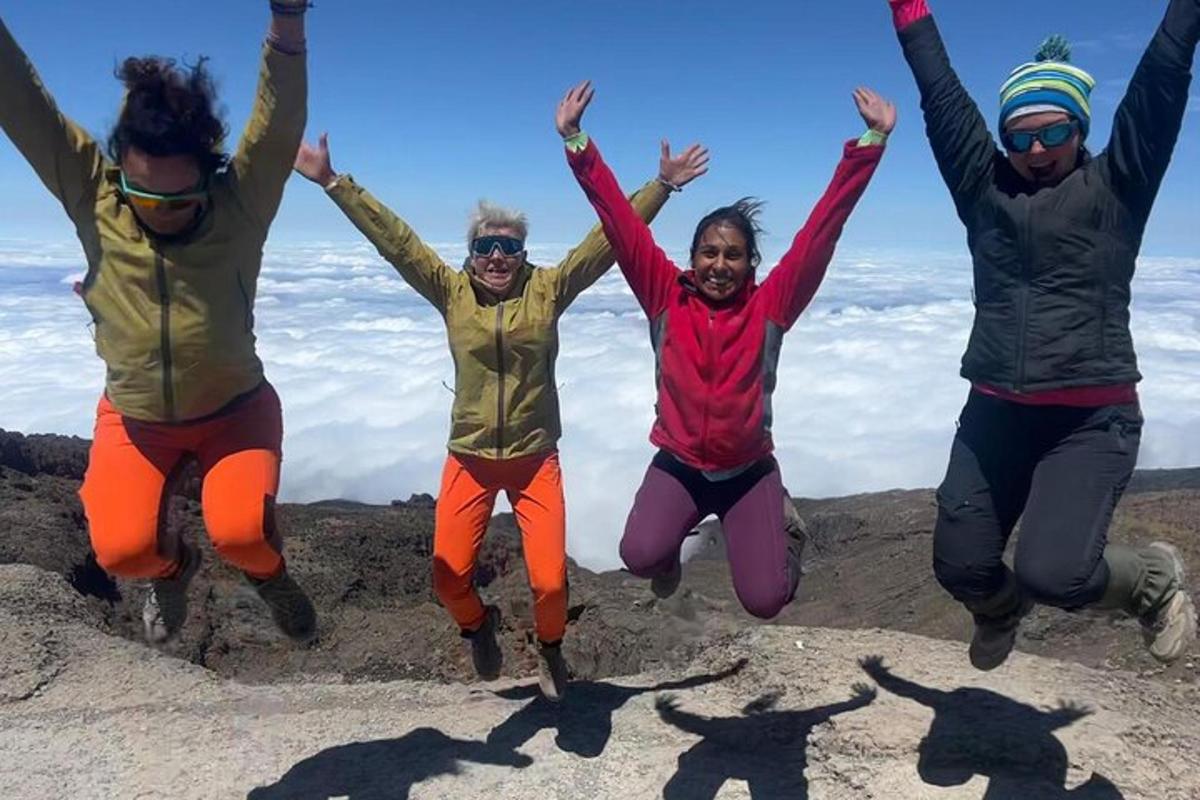 a group of people jumping on top of a mountain
