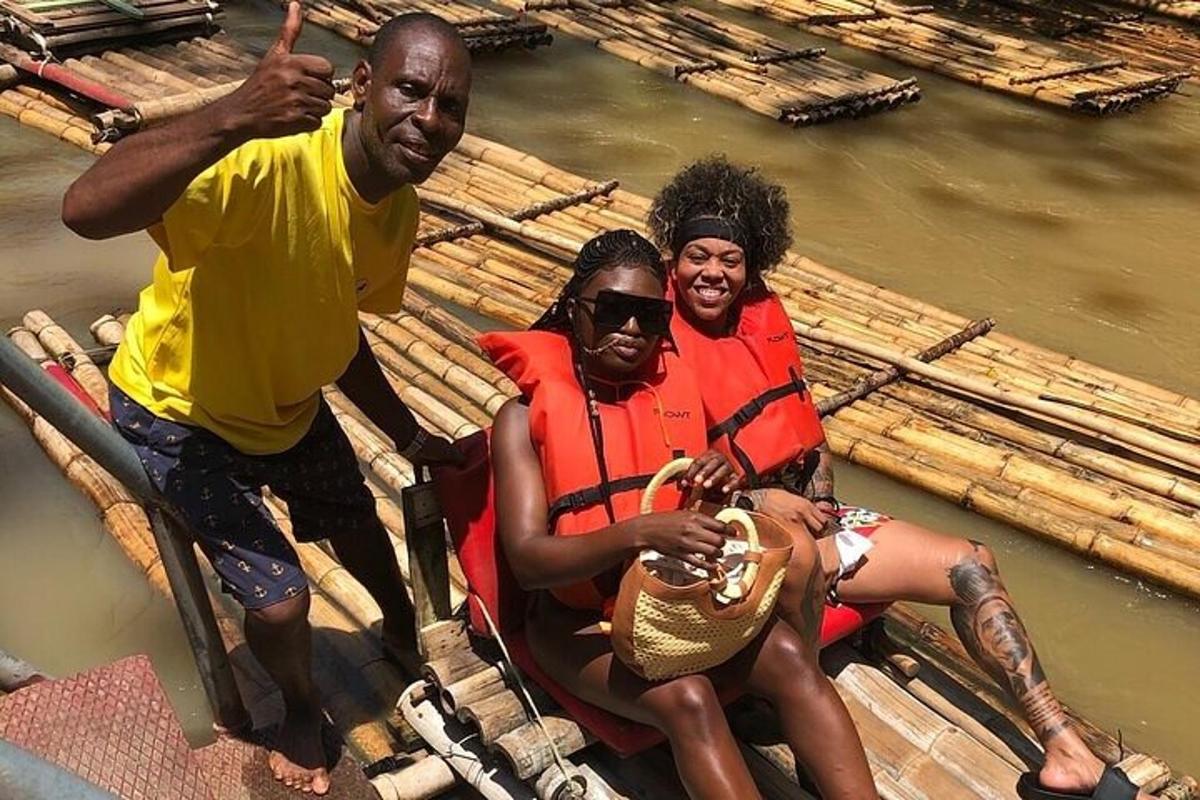 a group of people sitting on a raft in the water