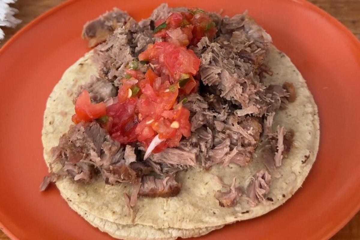 een taco met versnipperd vlees en salsa op een oranje bord