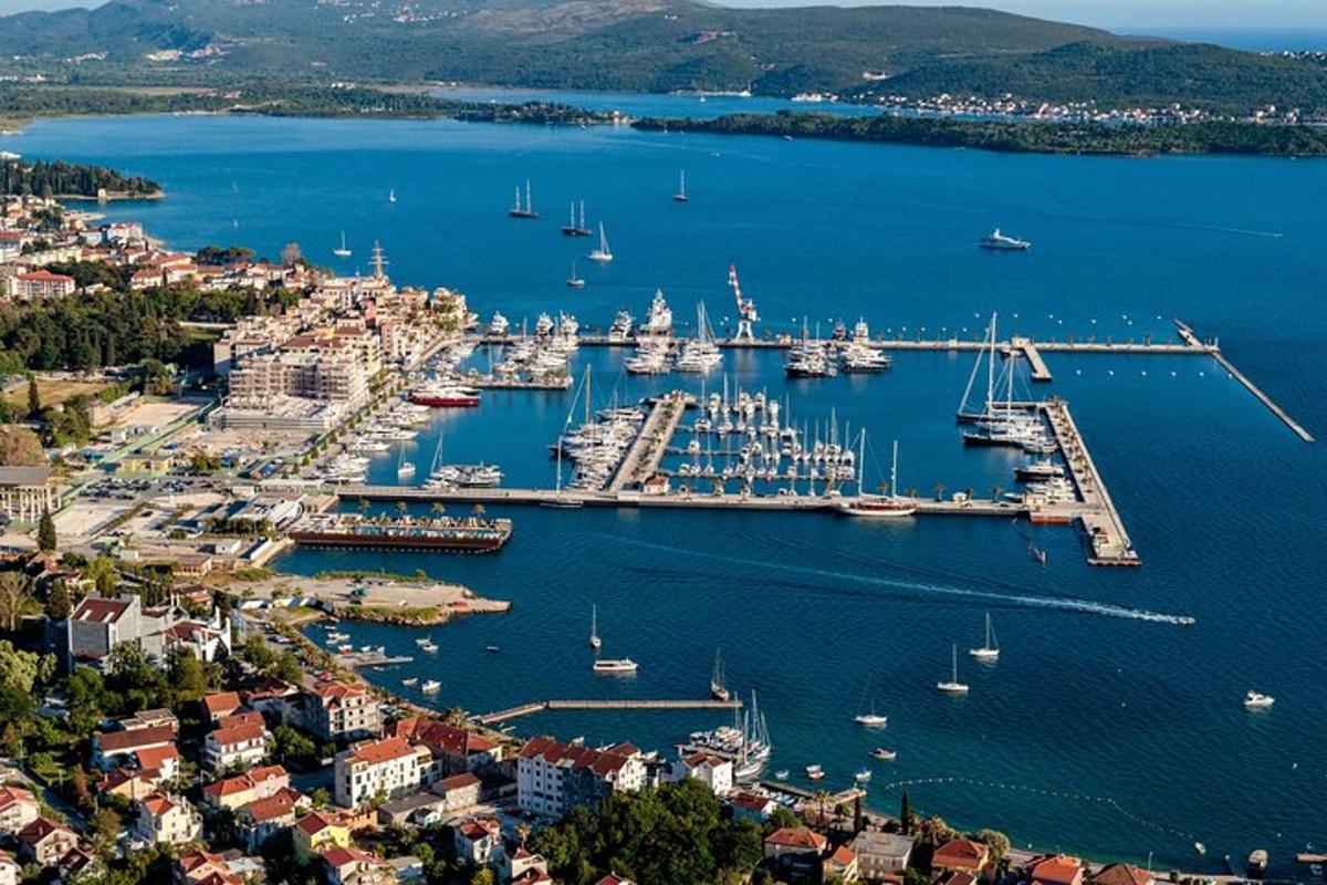 una vista aerea di un porto con barche in acqua