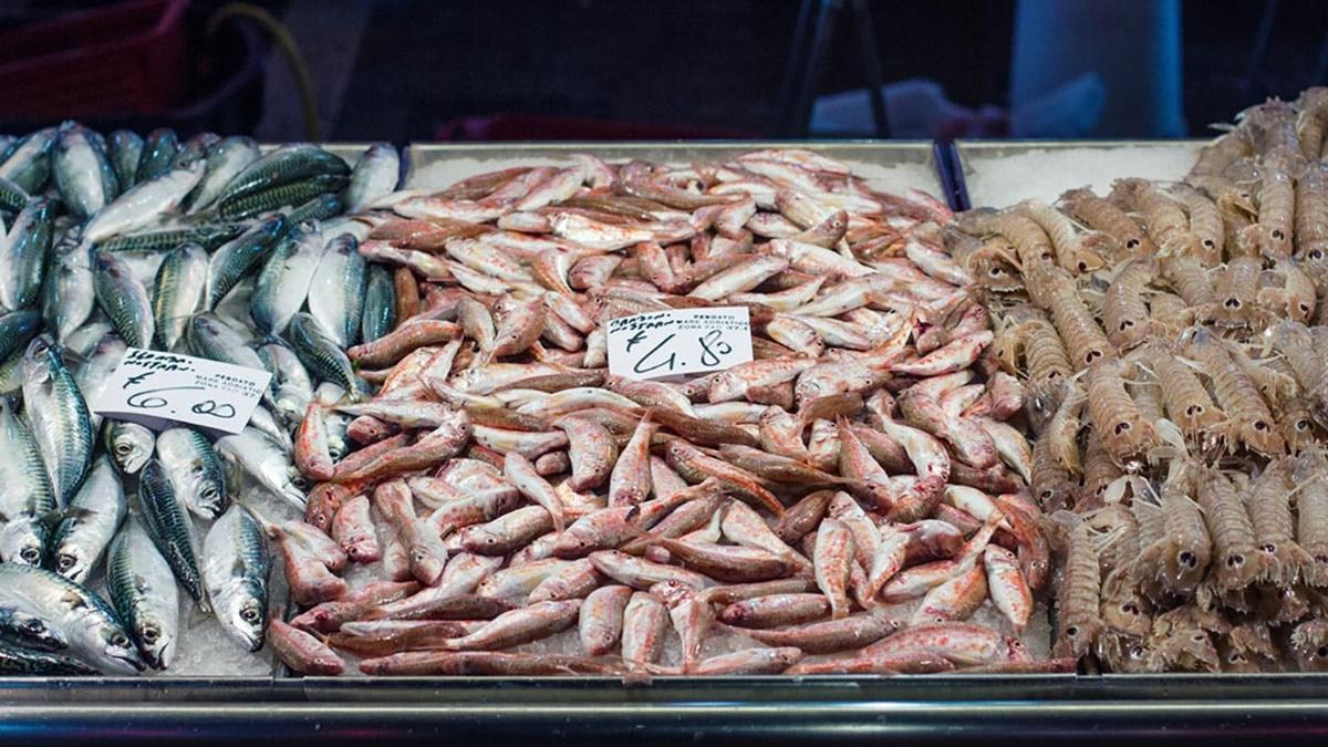 eine Ausstellung verschiedener Arten von Meeresfrüchten auf einem Markt
