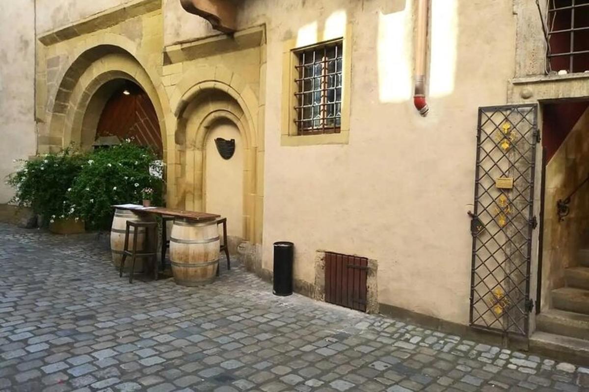 a building with a table next to a street