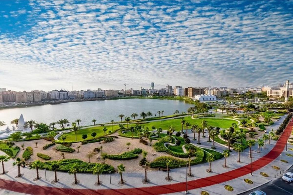 park z jezerom, palmami in mestom