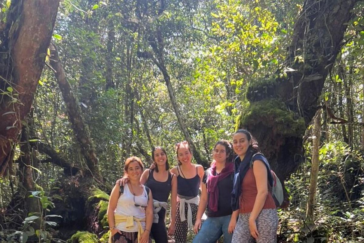 a group of women standing on a trail in the jungle