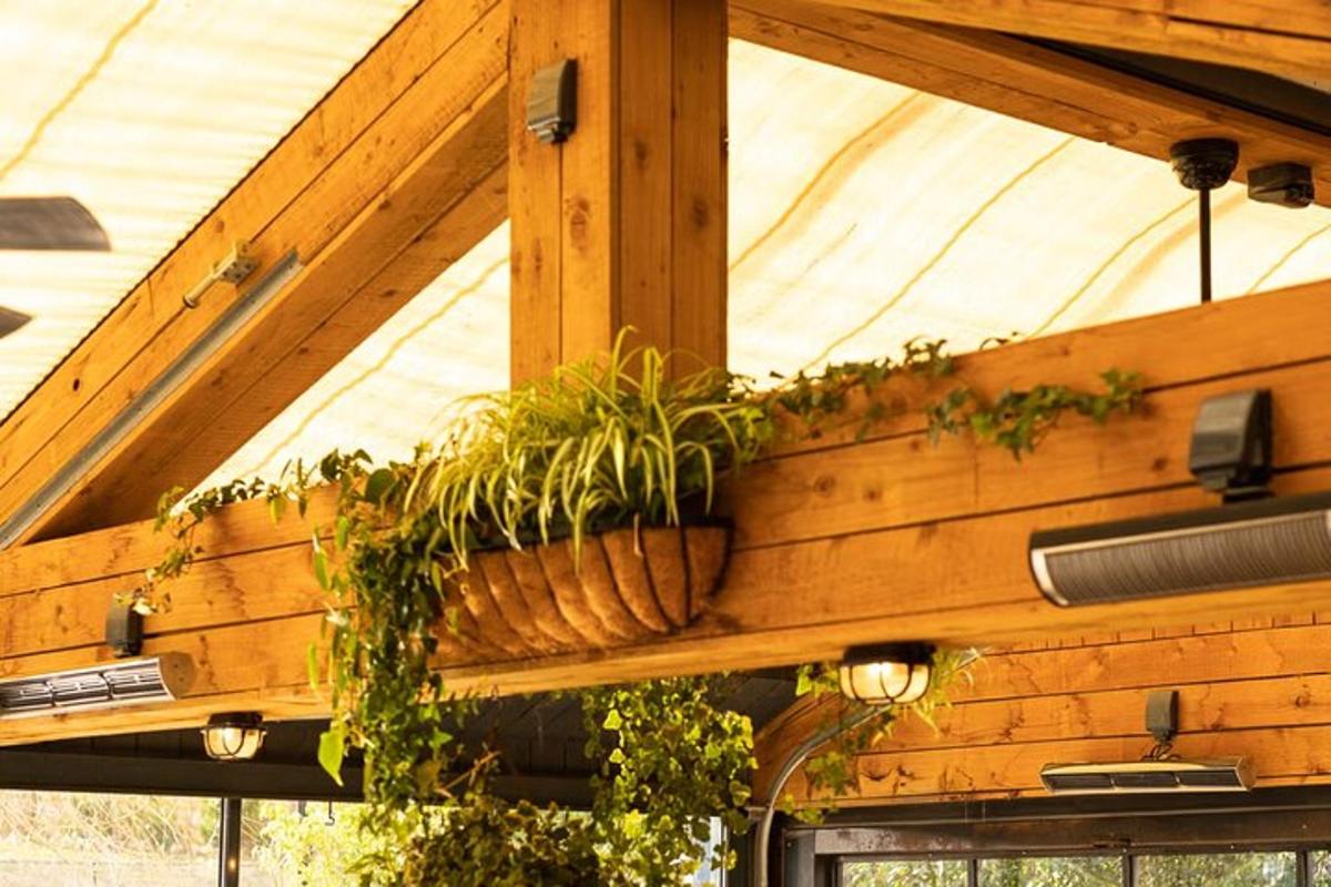 una jardinera penjant amb plantes en un sostre de fusta