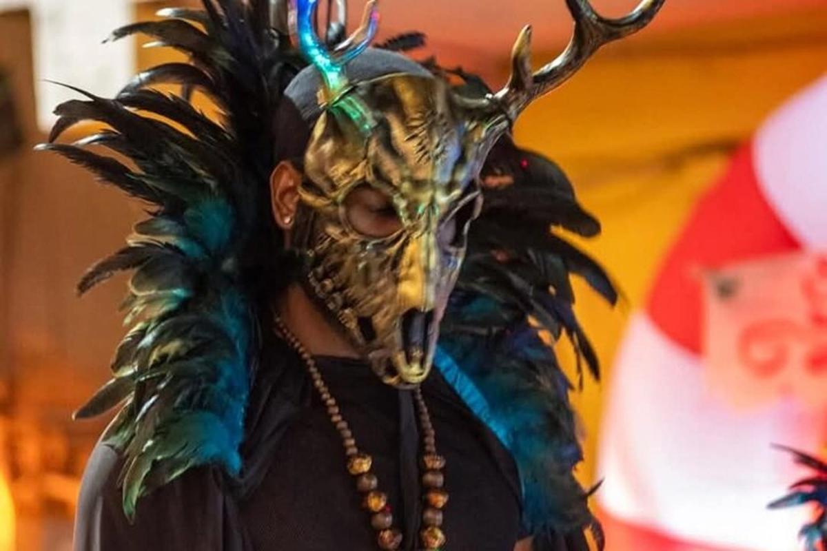 a person wearing a gold mask with peacock feathers