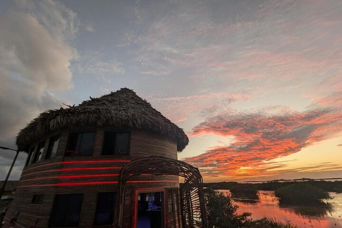 a building with a straw roof with a sunset in the background