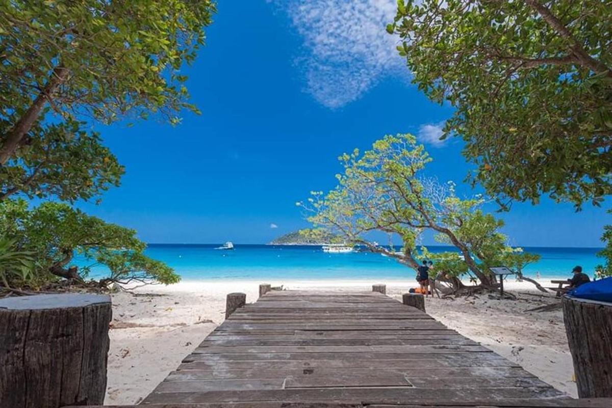 a wooden pathway leading to a beach with a blue sky