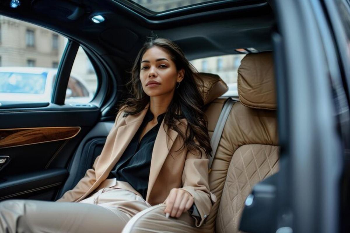 uma mulher sentada no banco de trás de um carro