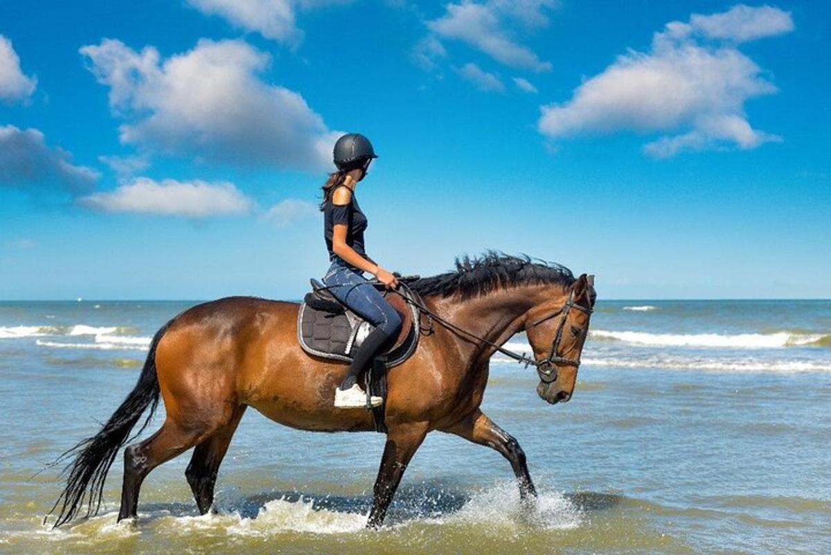 eine Frau, die am Strand reitet