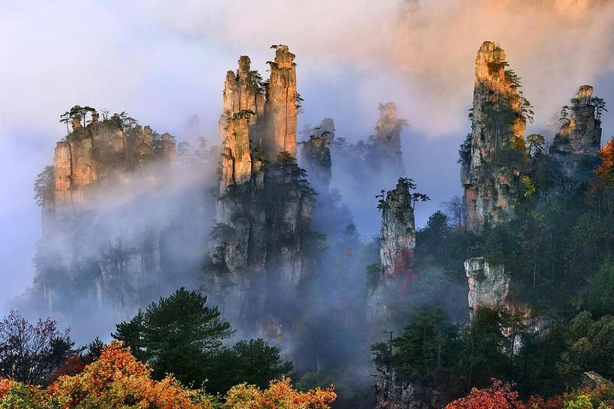 a group of tall stone towers in the forest
