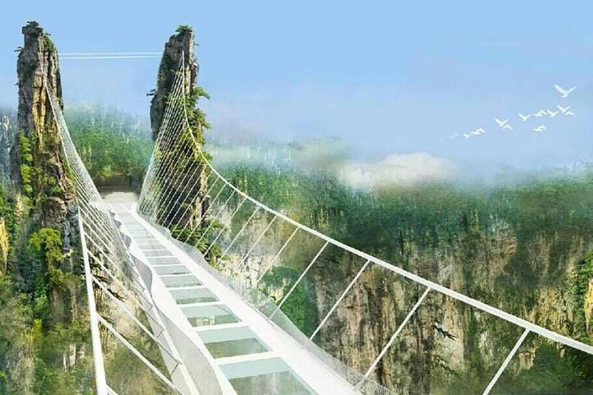 a suspension bridge on a mountain in the sky