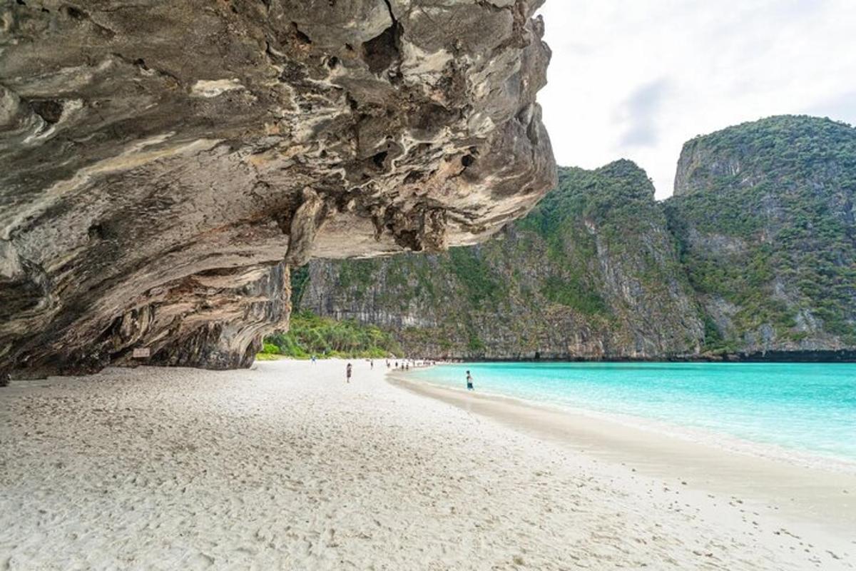 una vista di una spiaggia con una parete rocciosa