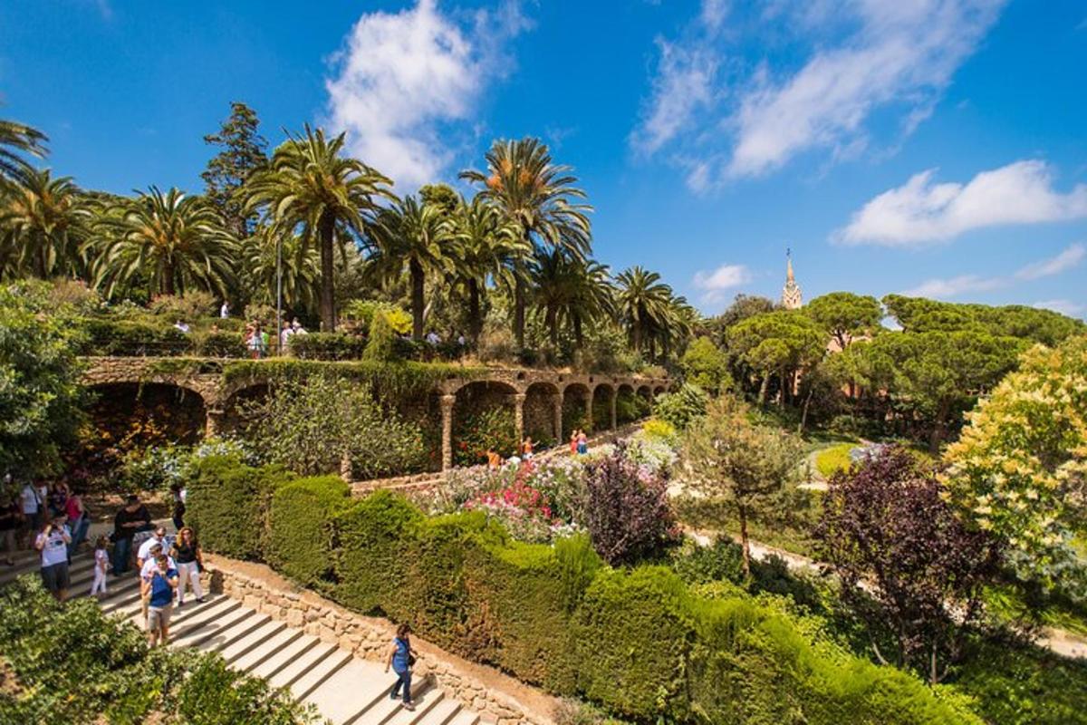 a group of people walking in a garden