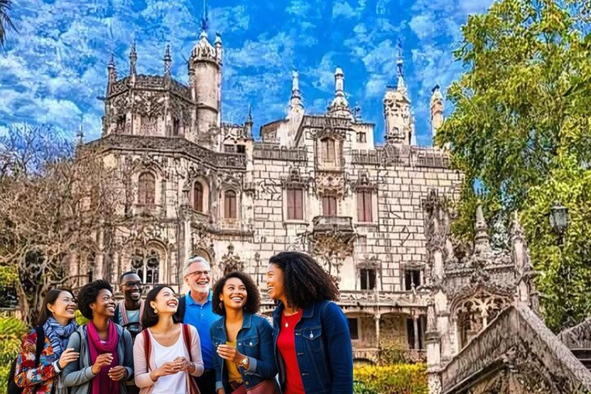 một nhóm người đang đứng trước một lâu đài