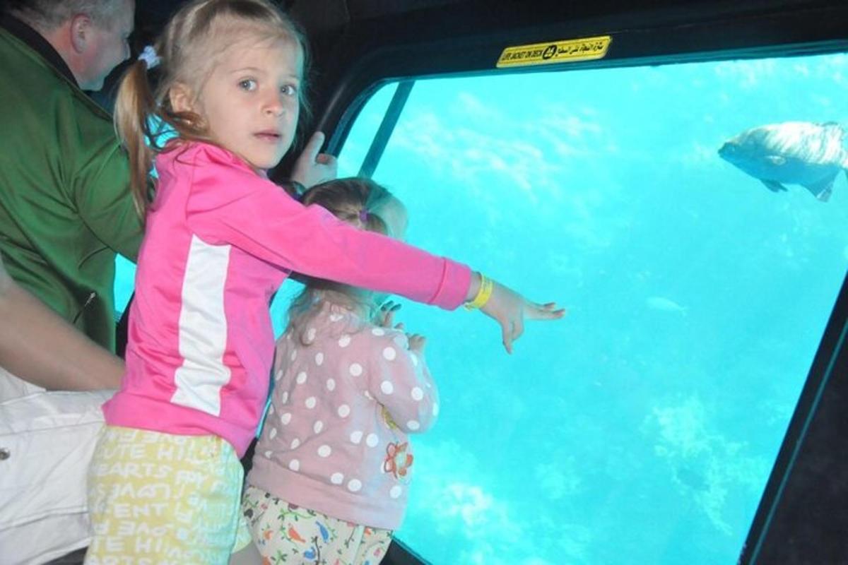 a little girl standing in front of a fish tank