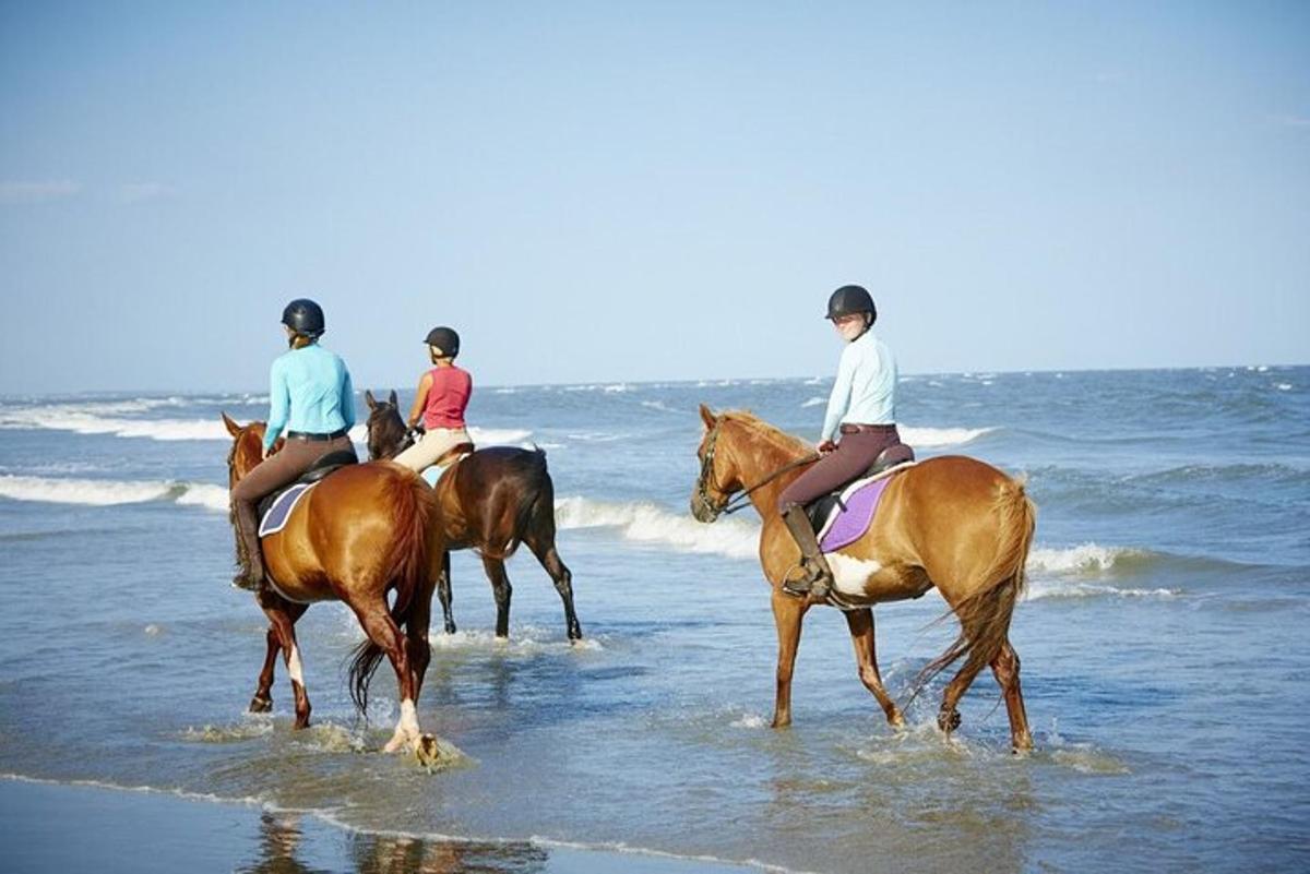 un gruppo di persone a cavallo sulla spiaggia