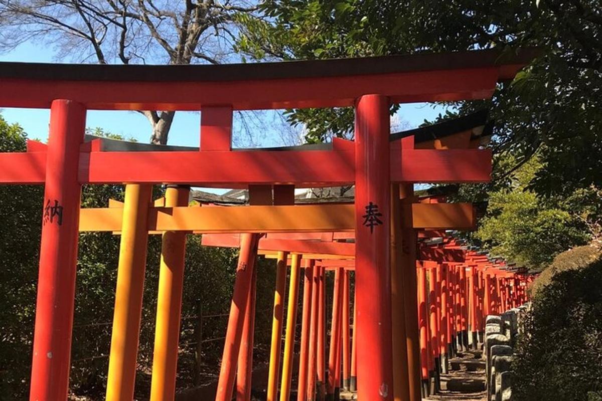a red torii gate in a park