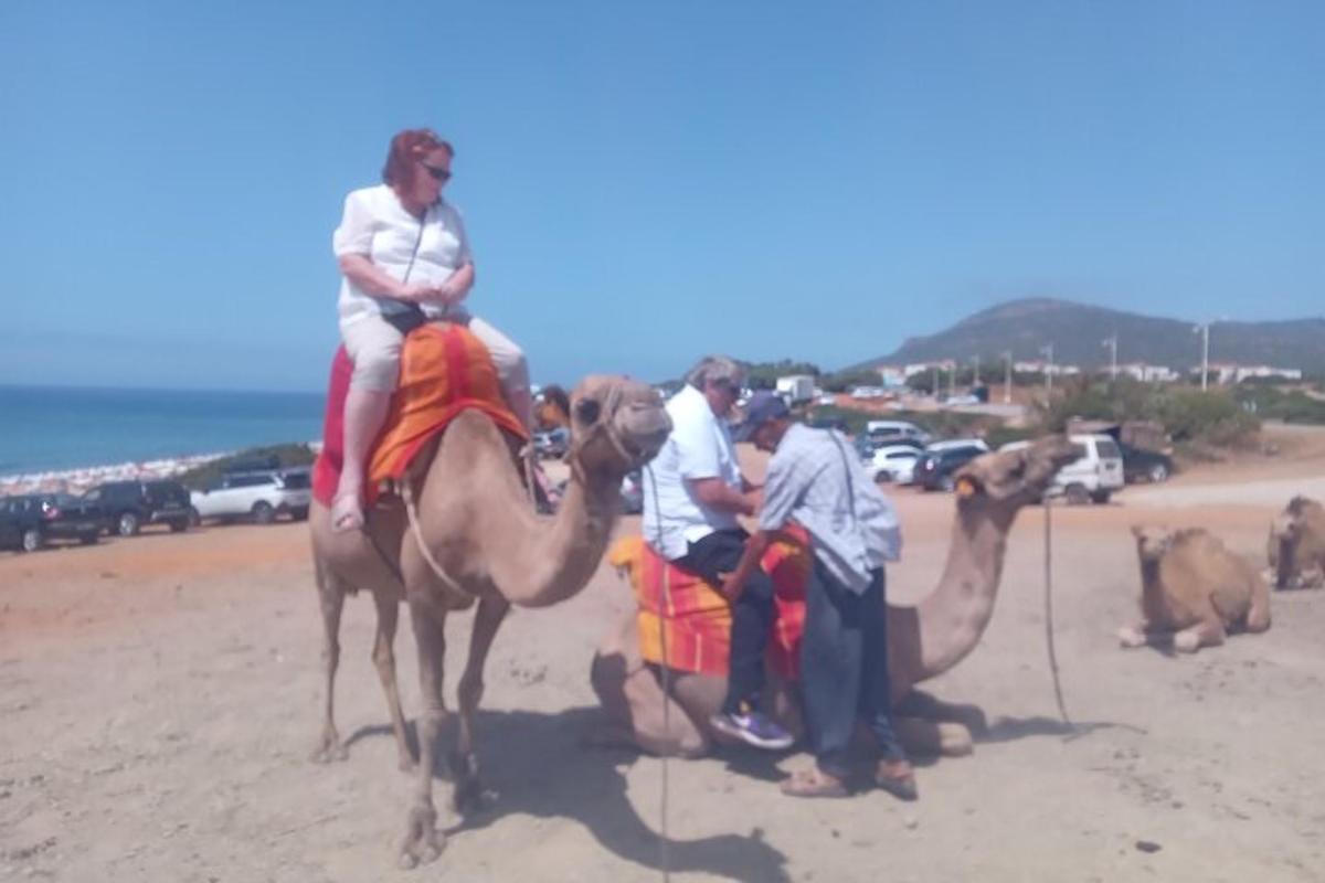 en gruppe mennesker på kameler på stranden