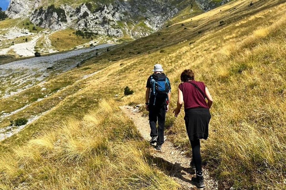 kaks inimest kõnnivad rajal mäest üles