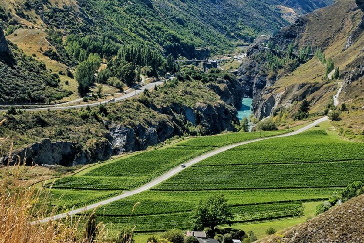 jalan berliku melalui lembah gunung dengan tanaman hijau