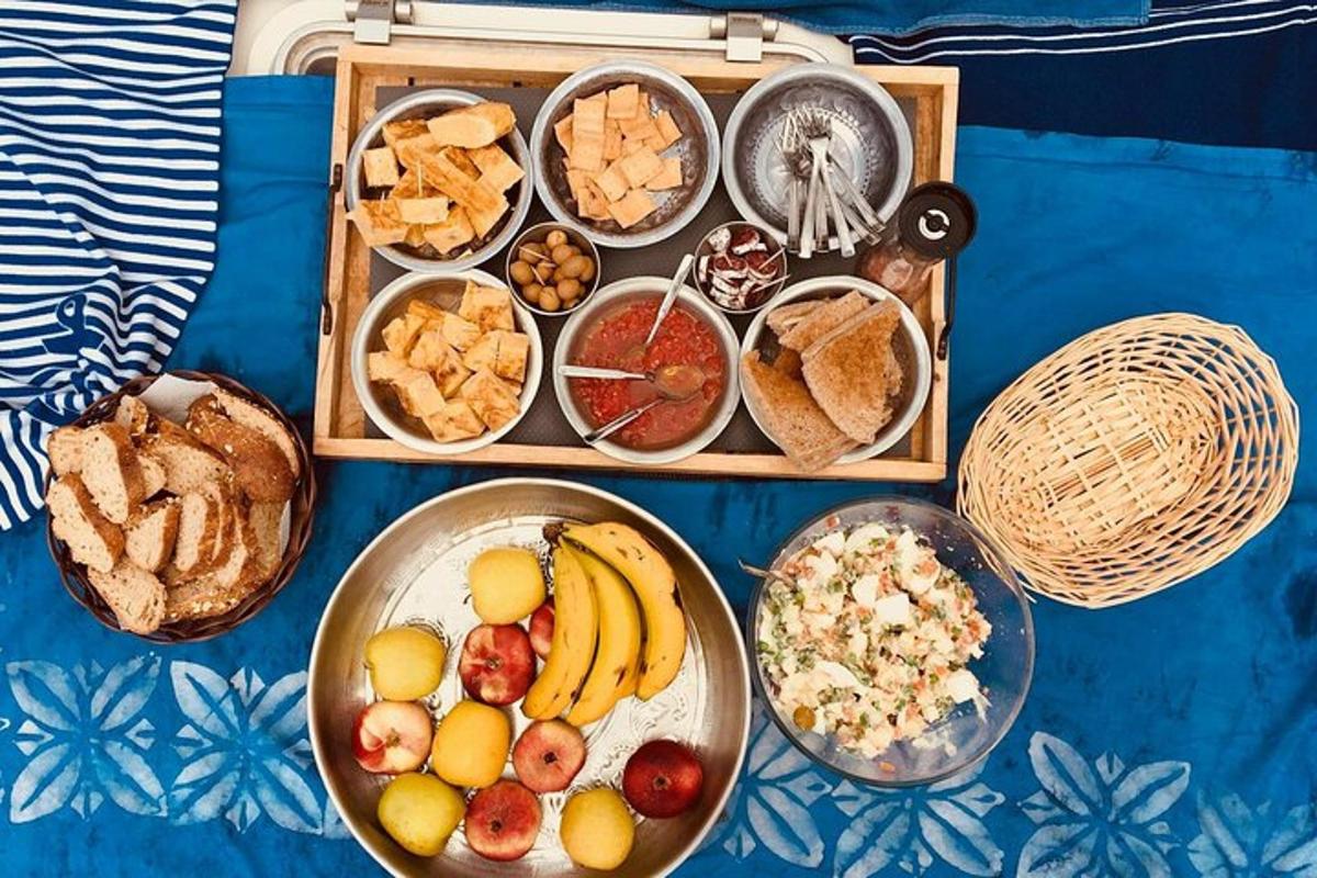 a table with a tray of different types of food
