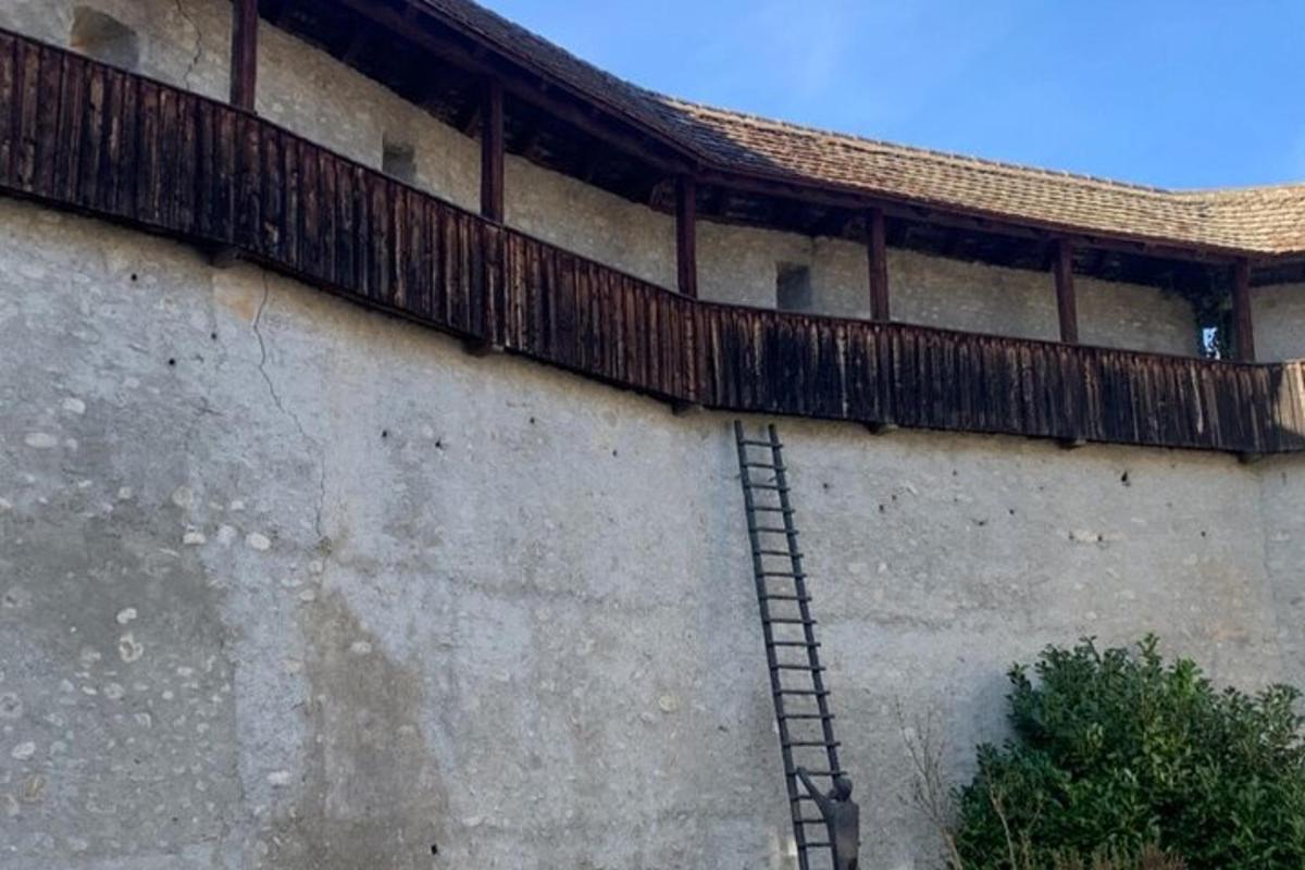 a ladder on the side of a wall with a fence