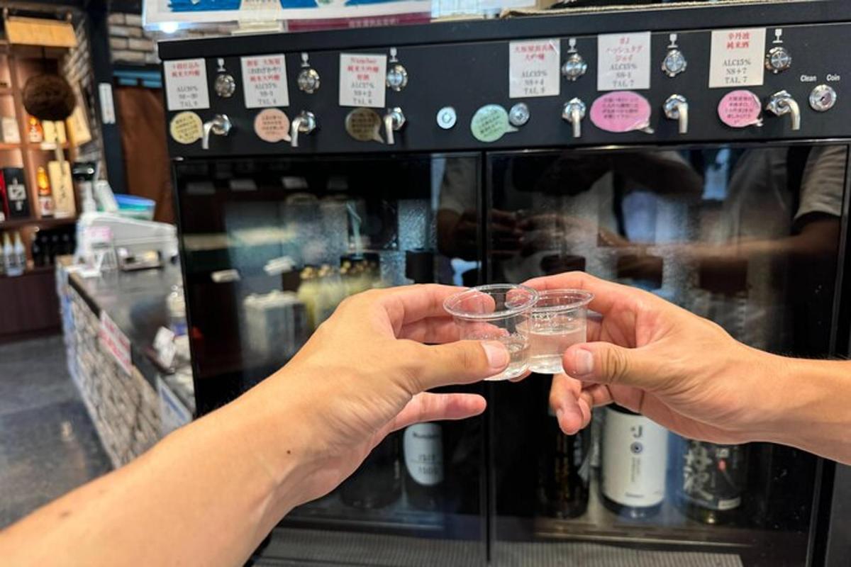 two people holding a glass in front of a microwave