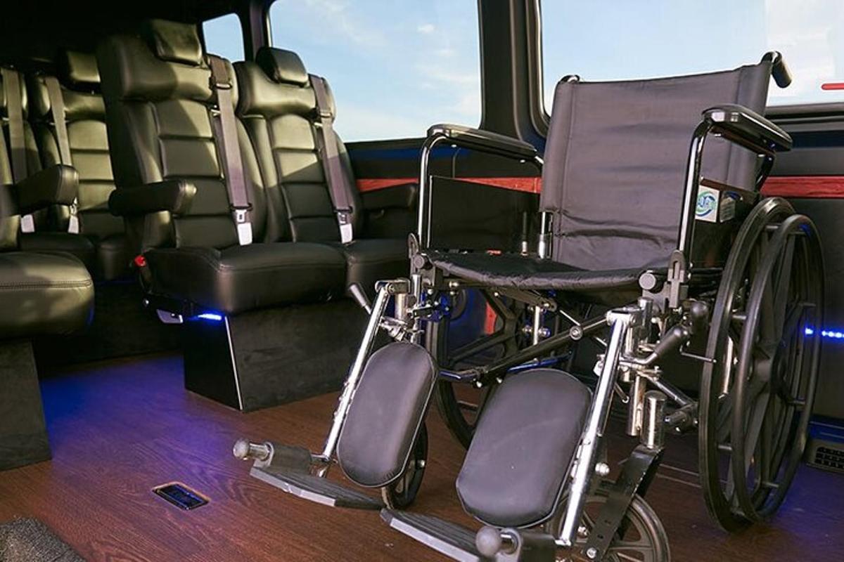 a wheelchair sitting in the back of a bus