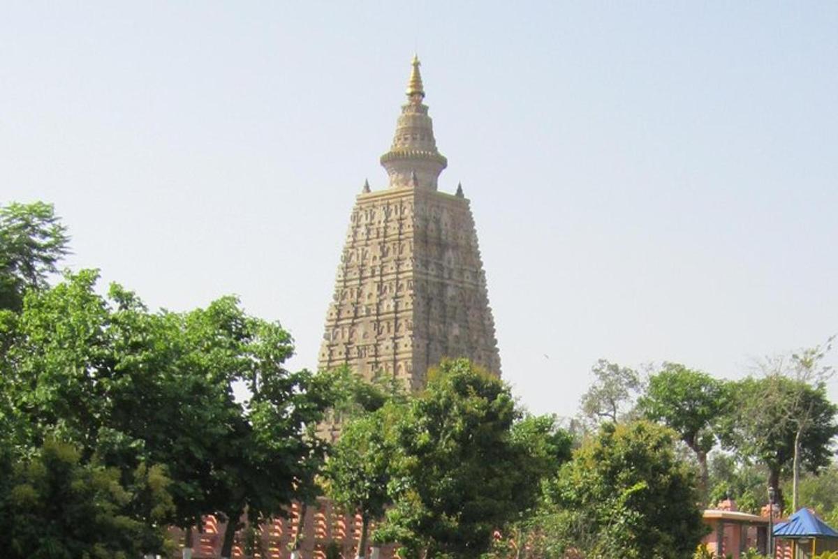 a tall tower in the distance with trees in the foreground