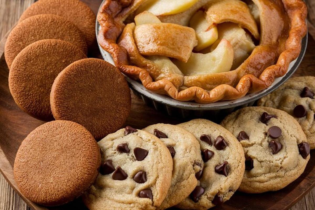 Un plato de galletas y un pastel de manzana sobre una mesa.