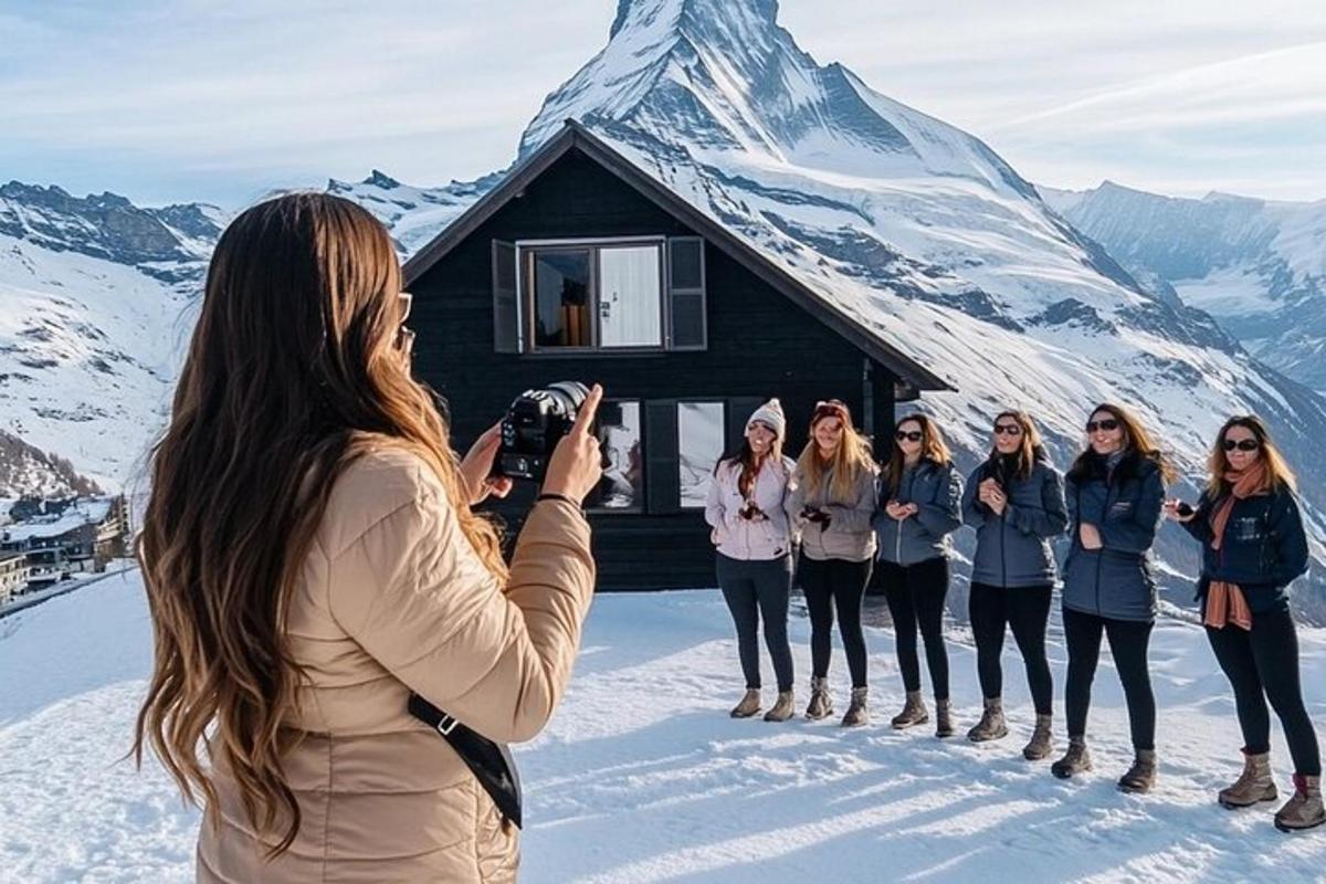 a woman taking a picture of a group of women in front of a cabin