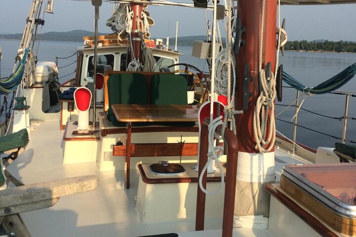 a boat with a table and a bench on it
