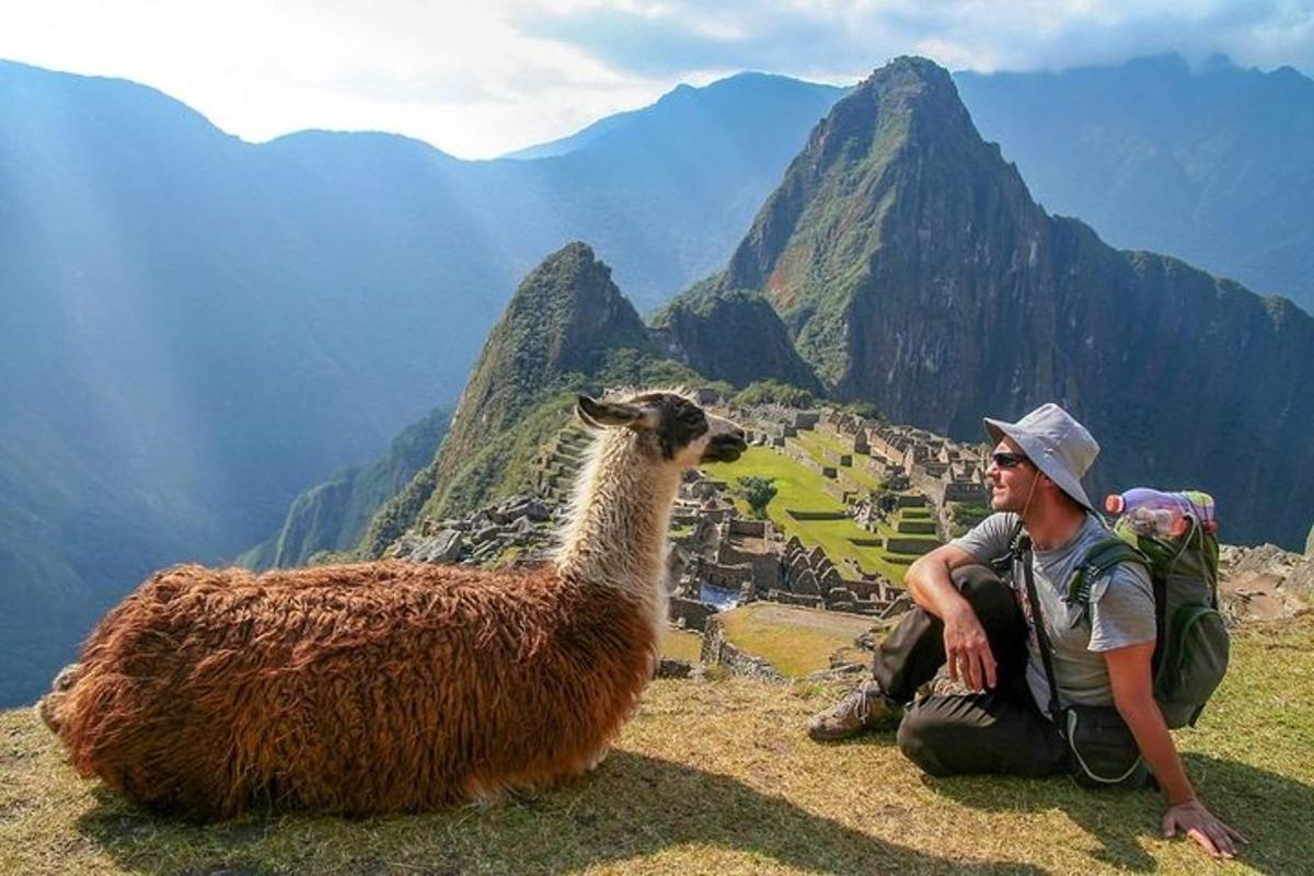 een man die op een heuvel naast een lama zit