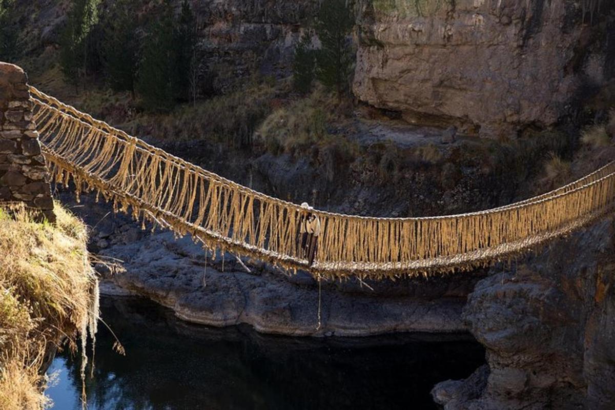 una persona su un ponte sospeso sopra un fiume