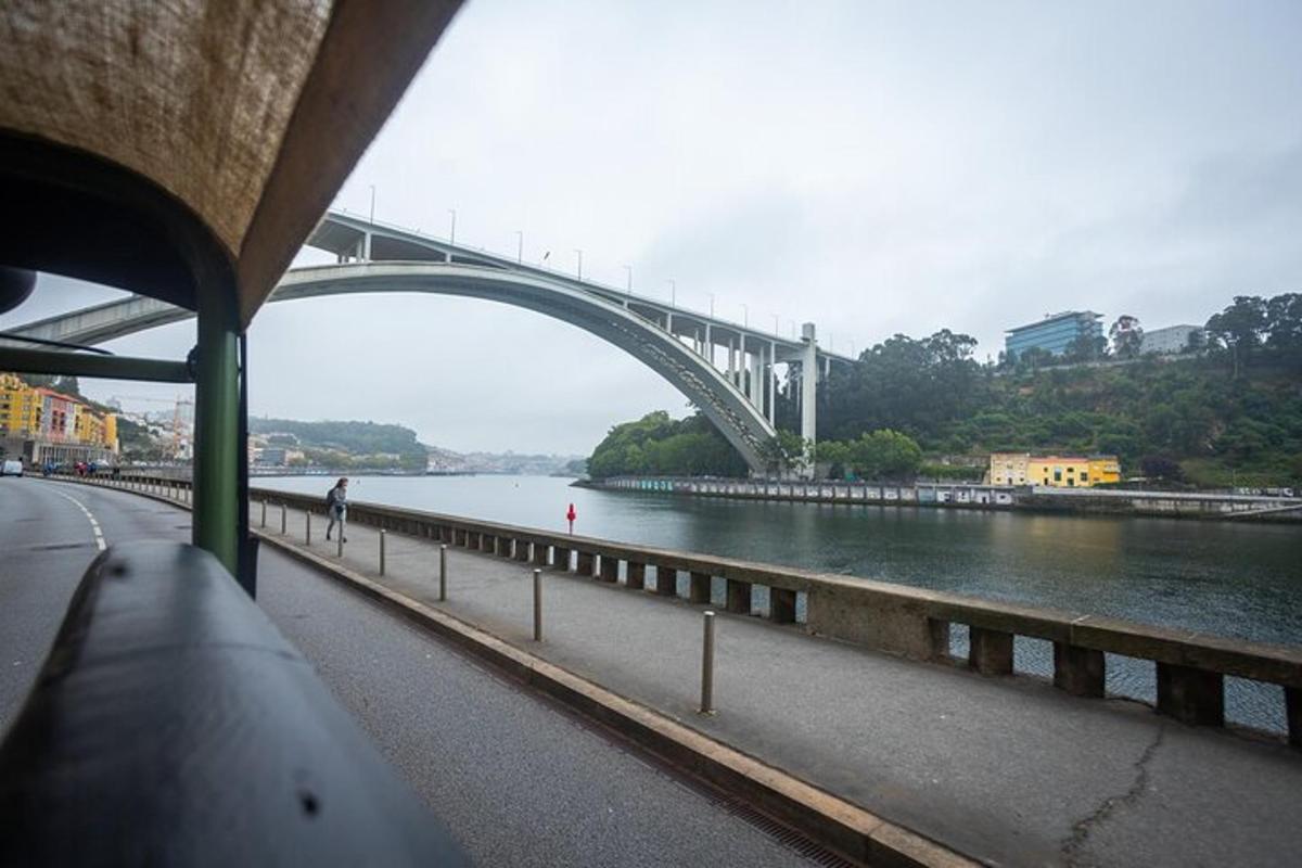 a bridge over a river with a person walking on the sidewalk