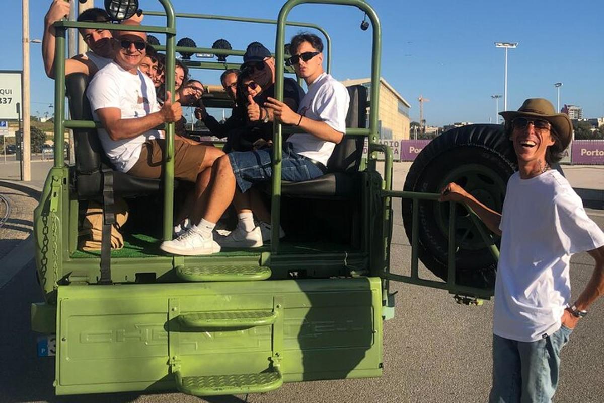 a group of people sitting on a green bus