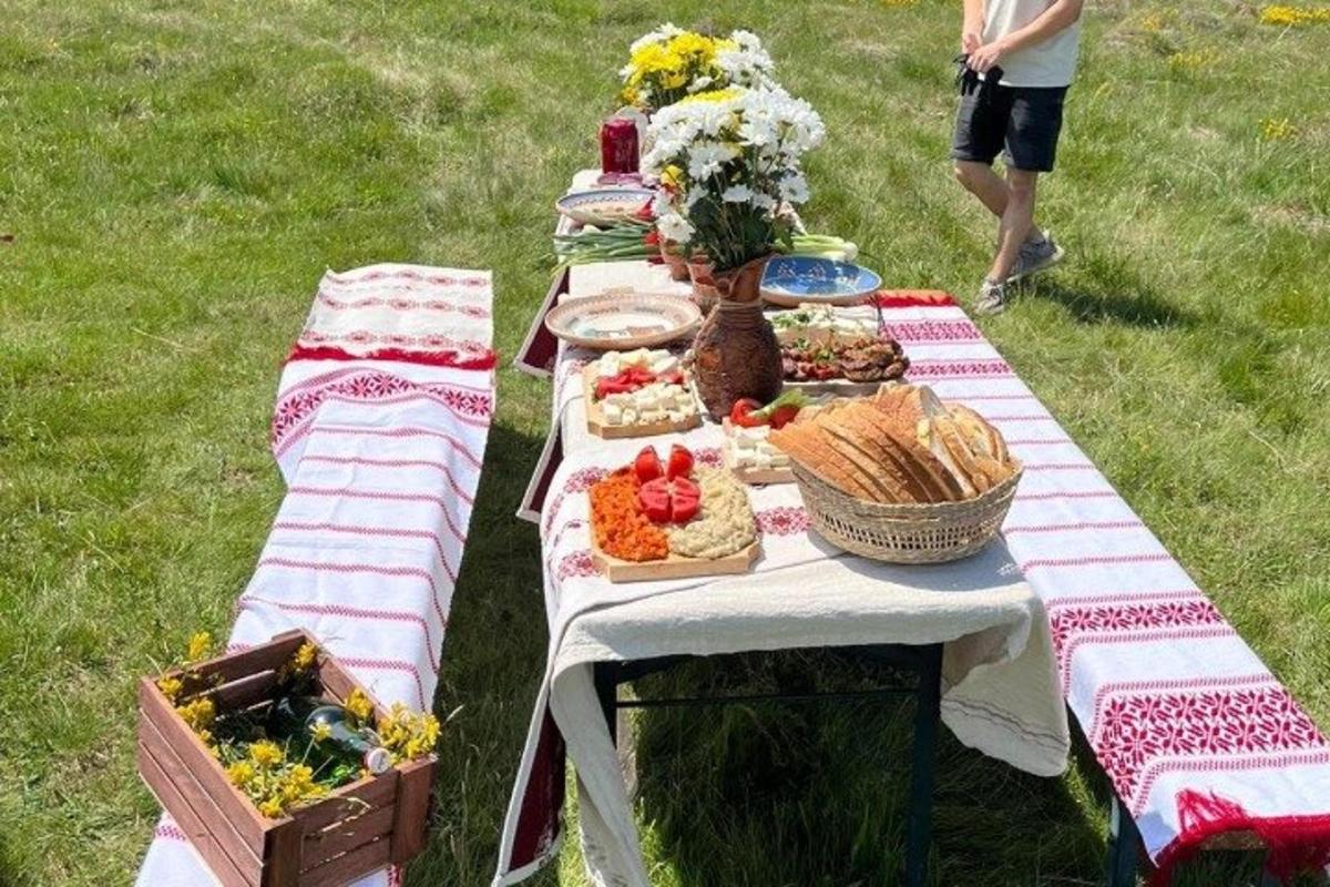 miza za piknik s hrano na travi