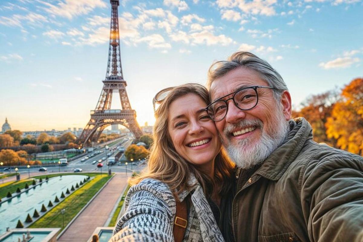 un bărbat și o femeie stând în fața Turnului Eiffel