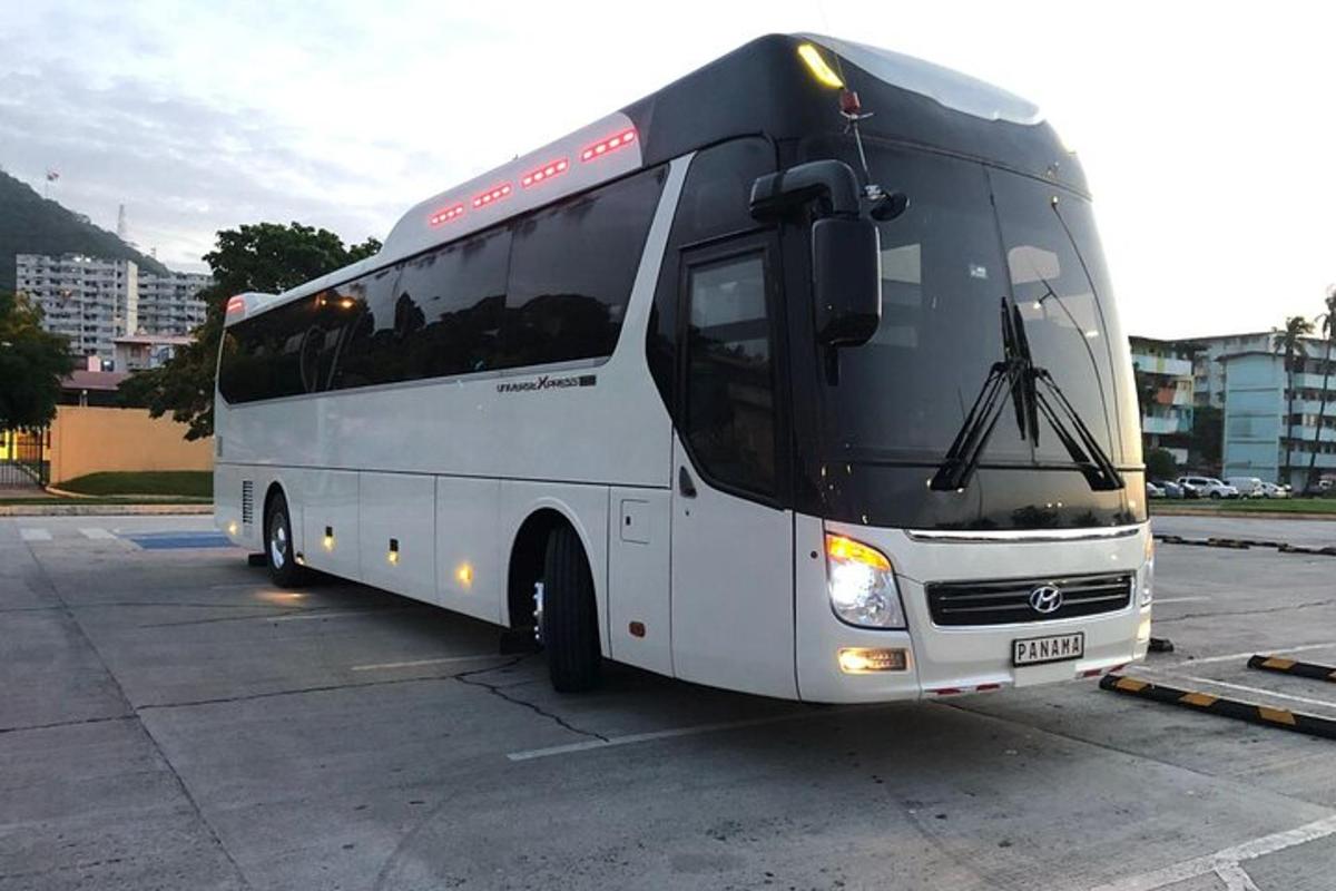 a white bus parked in a parking lot