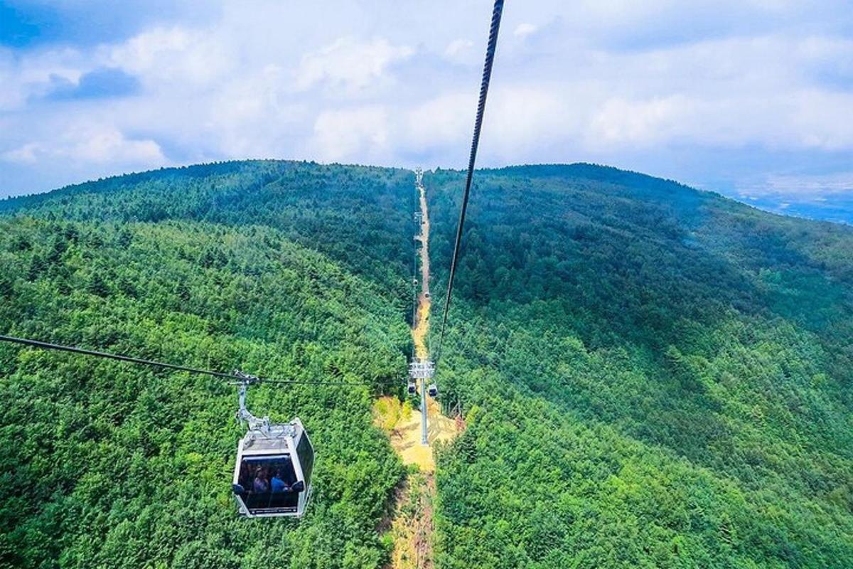sekumpulan orang menaiki gondola di atas gunung