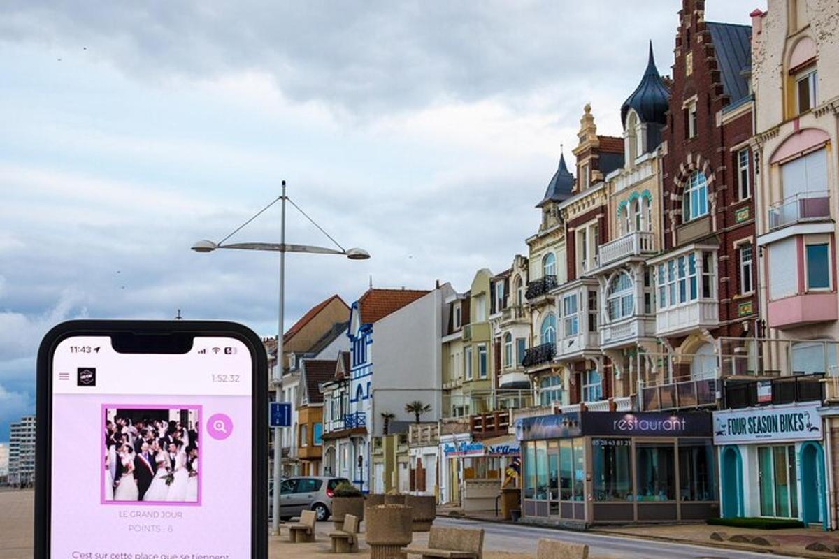 a cell phone is sitting on a city street