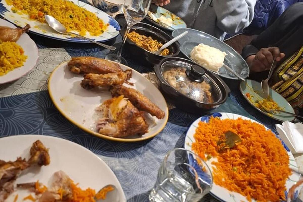 a table with many plates of food on it